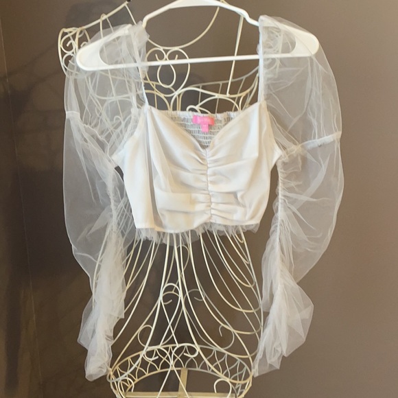 Sugar Thrillz white crop top with sheer sleeves - Picture 2 of 4